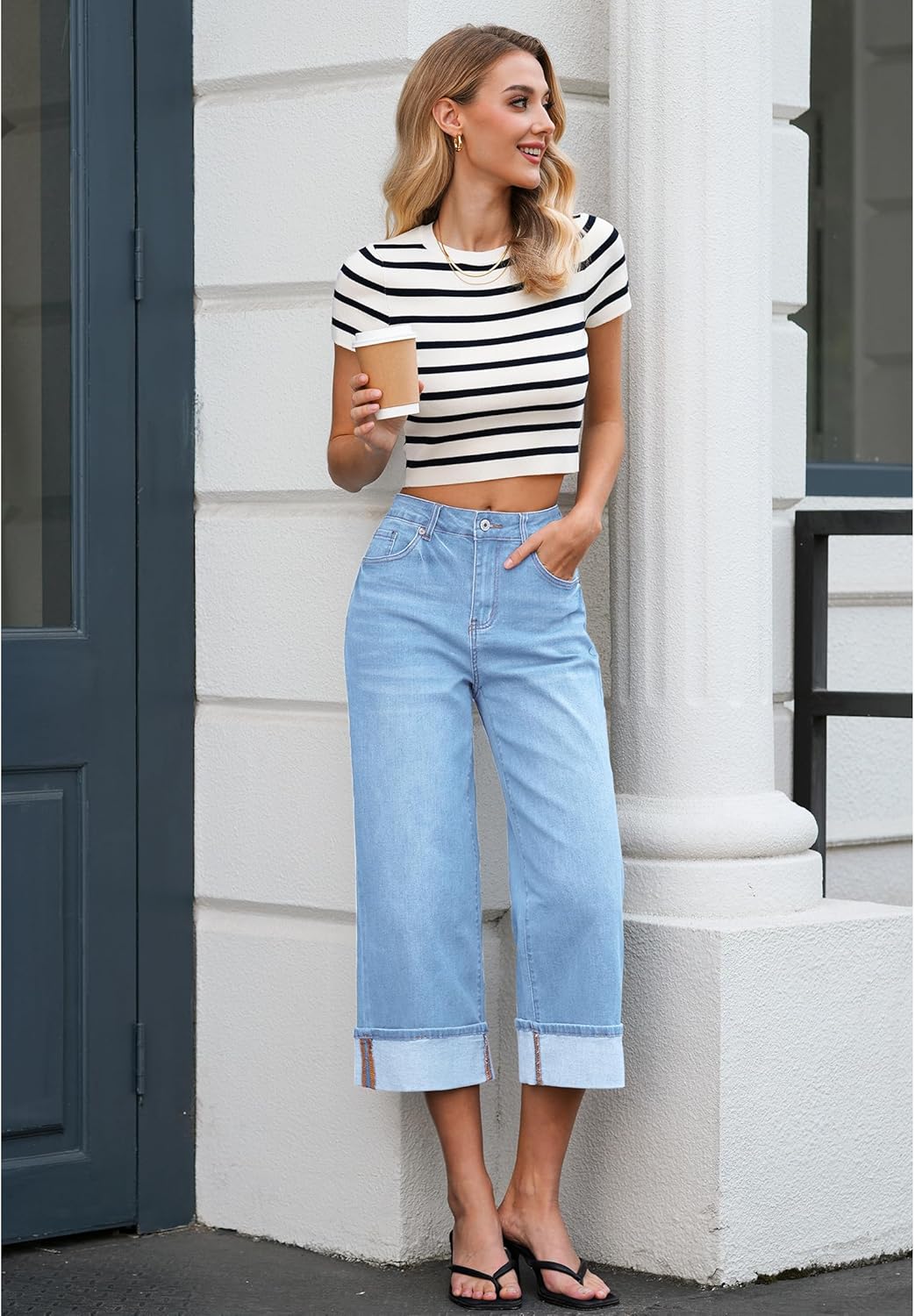 Vetinee Capris Jeans for Women Wide Leg High Waisted Trendy Fold Hem Summer Casual Stretchy Denim Jean Capri Pants - Image 4