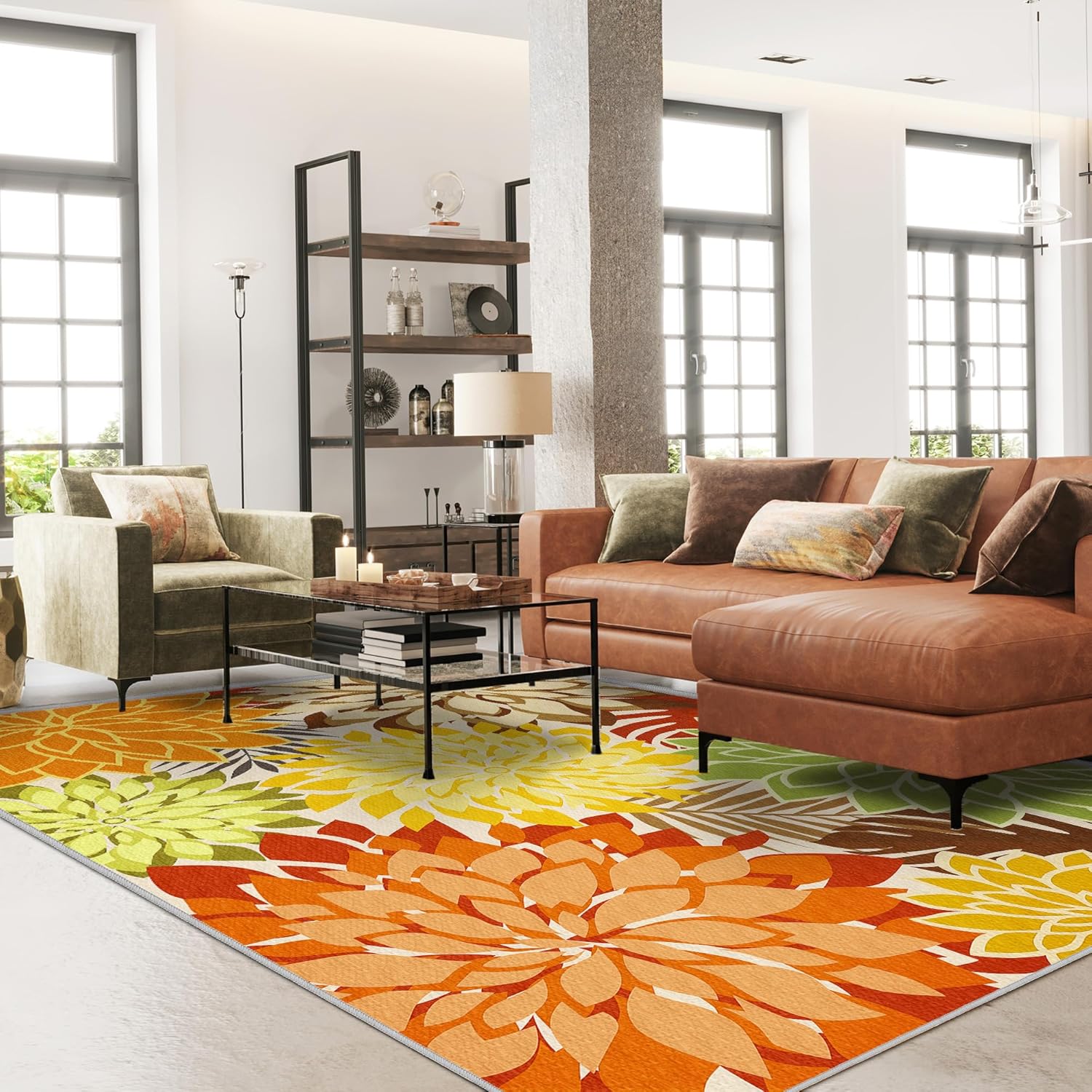 colorful 9x12 outdoor area rug washable multicolored patio rug tropical botanical floral chenille waterproof outdoor carpet non-slip for deck, backyard, porch, orange orange 9' x 12' (rectangular)