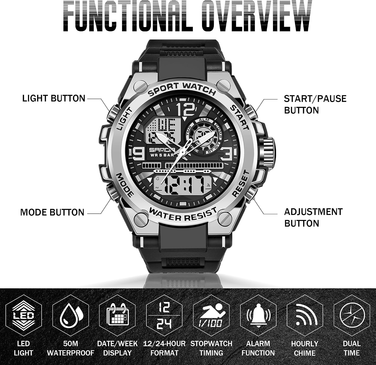 PINIDOUS Men's Watches for Men Sports Outdoor Waterproof Military Watch Analog Digital Display Tactics Watch with LED Alarm Stopwatch Hourly Chime Multi-Function Wrist Watches image 2