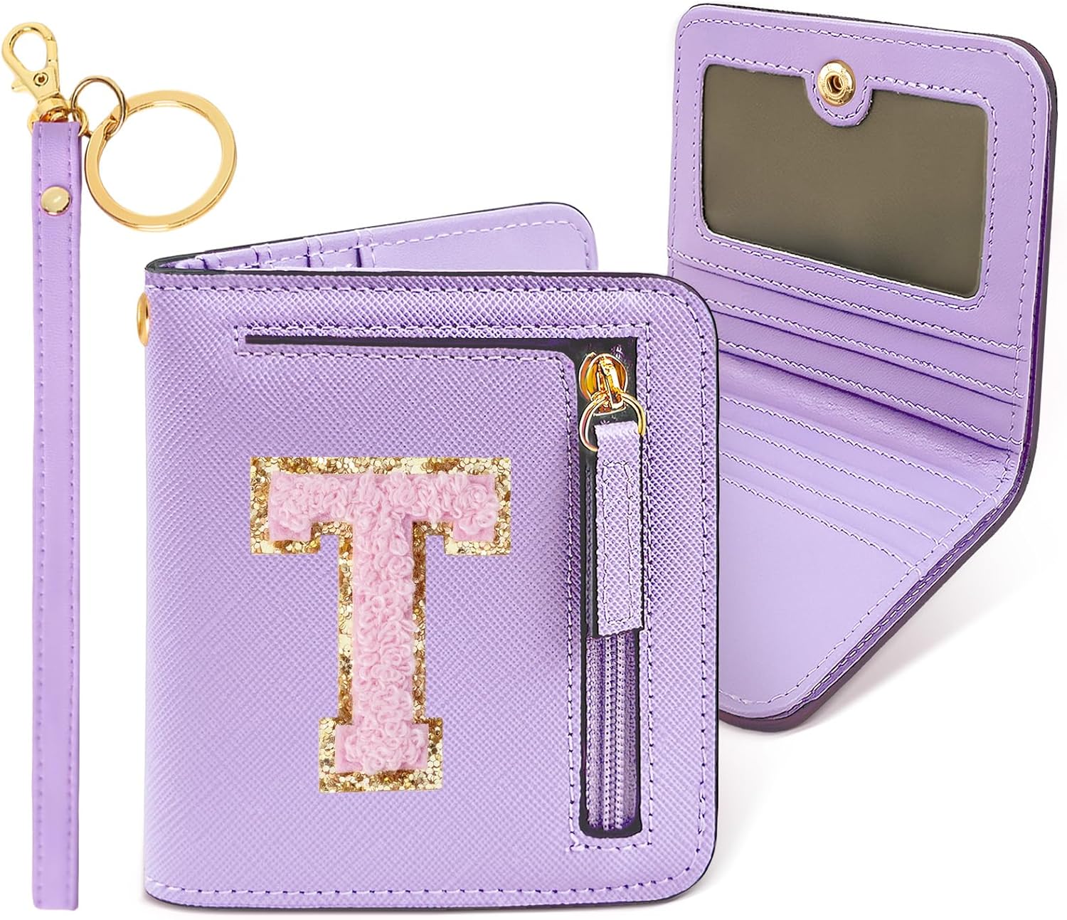 COSHAYSOO Preppy Wallet Gifts for Teen Girls Women Small Wallet RFID Bifold PU Leather Christmas Valentines Easter Mothers Fathers Day Nurse Appreciation Graduation Gifts Chenille Letter T Purple