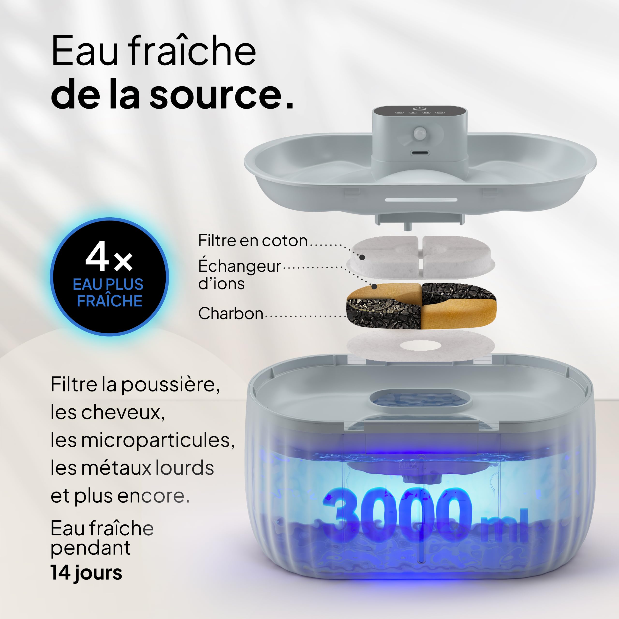 Pretty Paw Fontaine à Eau pour Chat sans Fil 3L - Détecteur de Mouvement, Pompe silencieuse, Fontaine pour Chat Rechargeable avec Filtre, Placement Flexible sans câble - Aqua Sense (Gris)