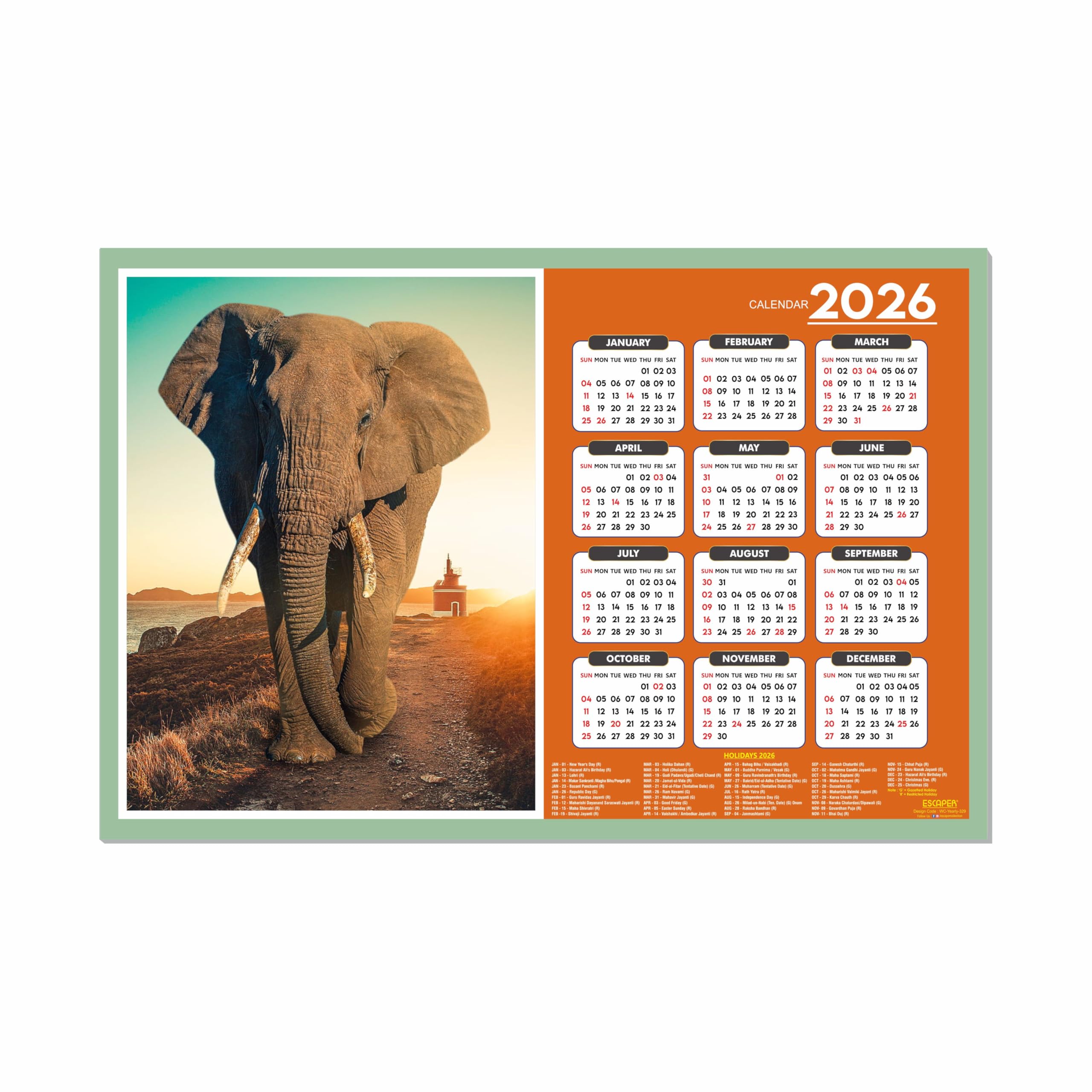 ESCAPER Calendario de pared de animales 2026 - 45 x 30 cm, fotos de león, tigre, elefante, caballo y pantera, calendario de decoración de pared para el hogar, oficina y habitación de los niños