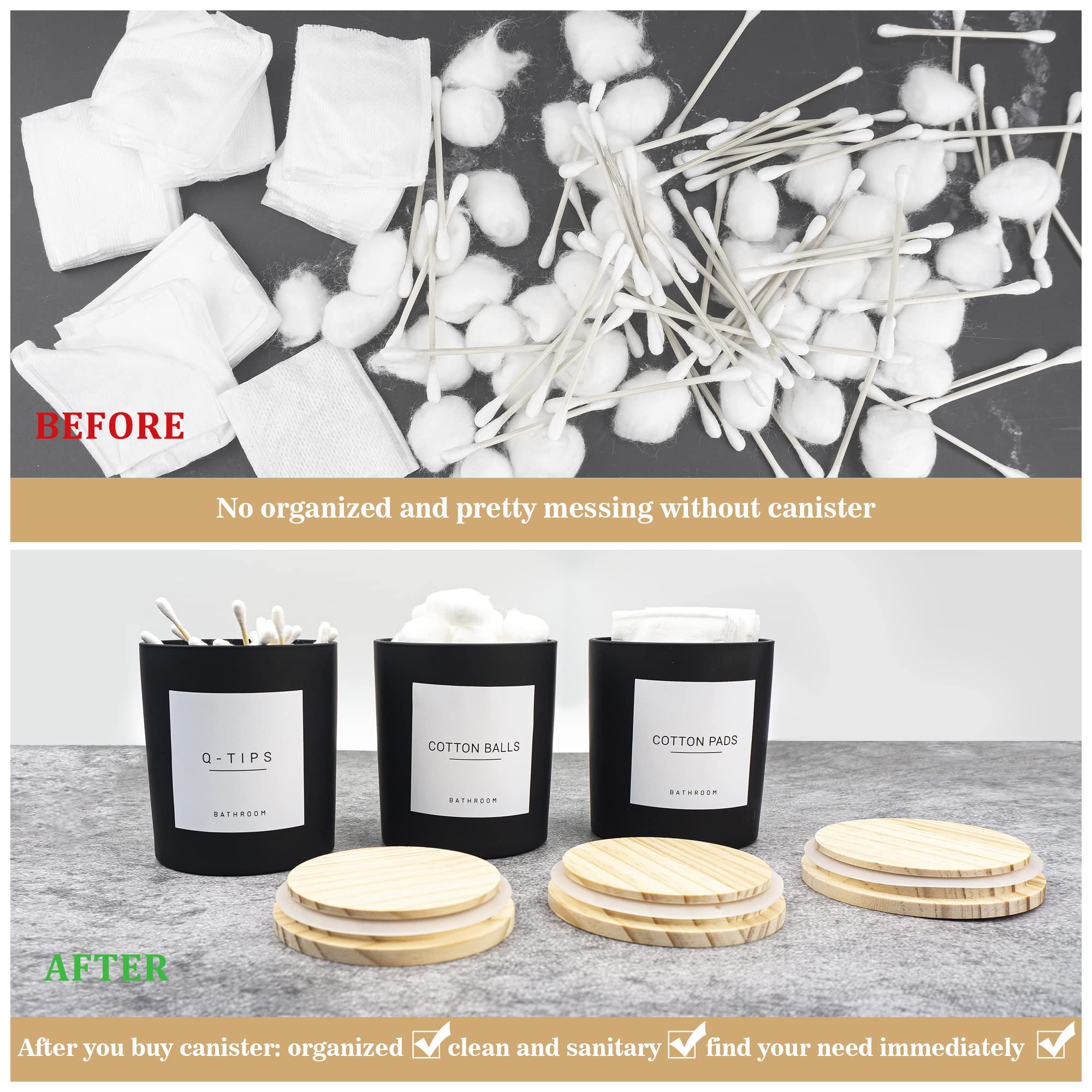 Ezebesta 3PCS Modern 13.53oz Black Bathroom Canisters with 12 Labels & Wooden Lid Thick Glass Jar Set Qtip Holder for Cotton Ball & Pads Storage Organization Minimalist Decor