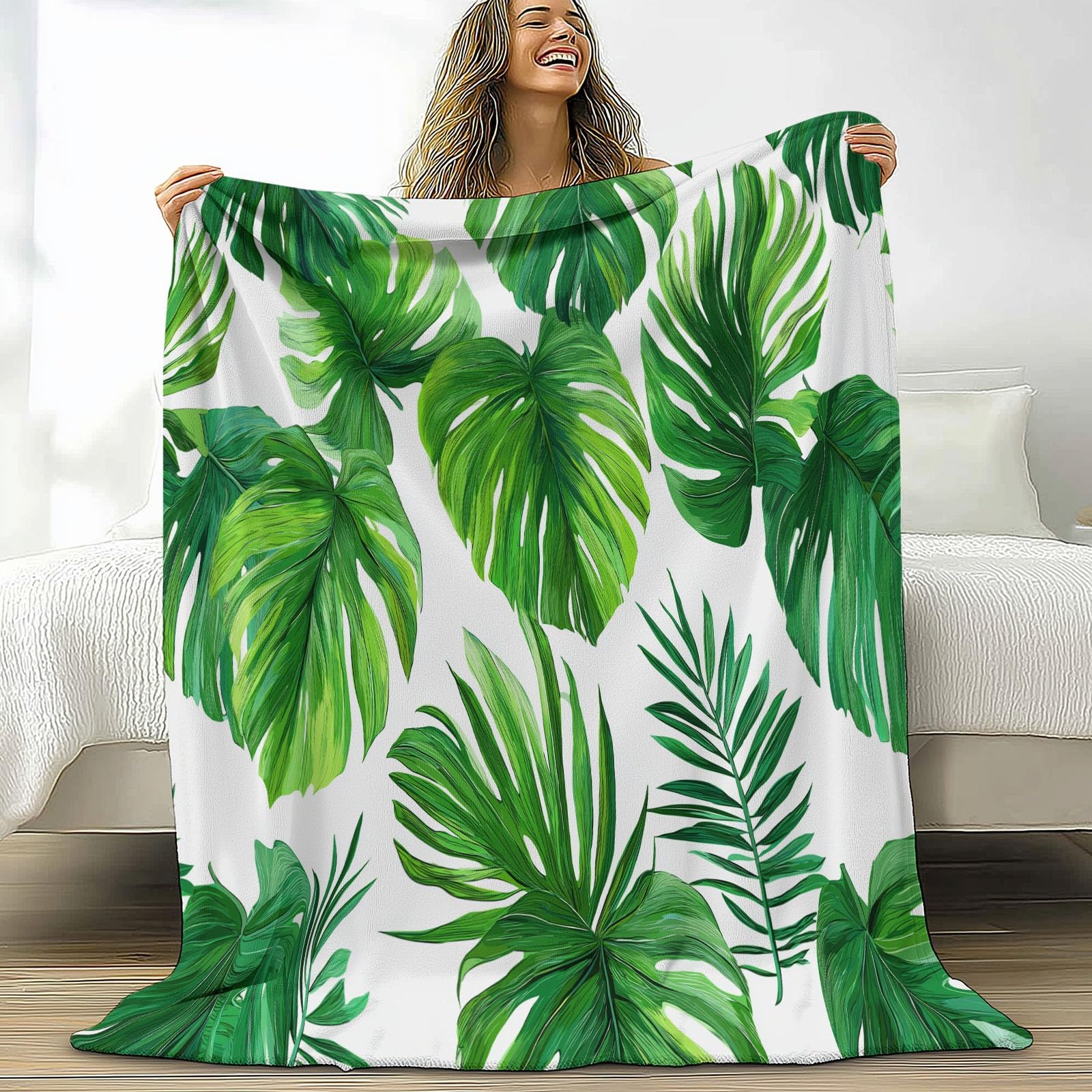 Coperta Plaid Pile in Flanella 180x220 cm Coperta Pile Piccola Tema Tropicale Verde Foglie, Morbida Soffice Calda Coperte per Divano Singolo Matrimoniale Letto Bianco