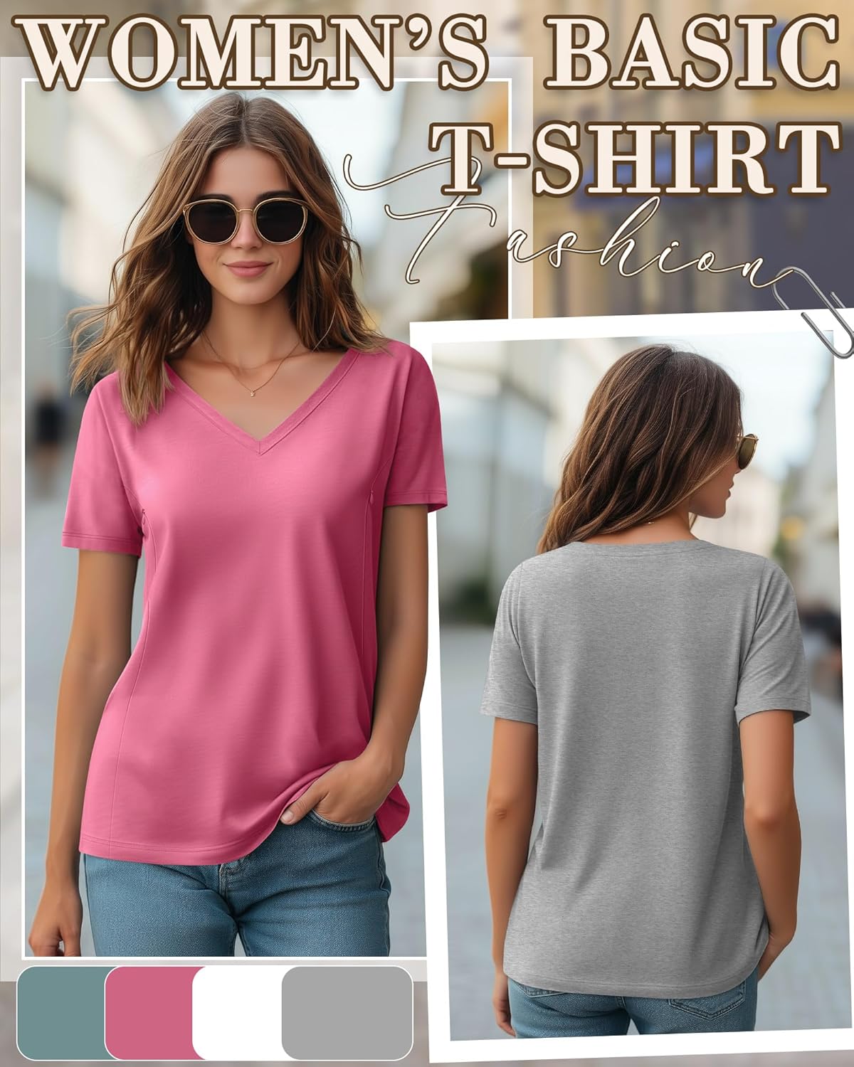 4 Pack Women's Nursing Shirts for Breastfeeding with Hidden Zipper V Neck Short Sleeve Loose Fit Maternity Tops