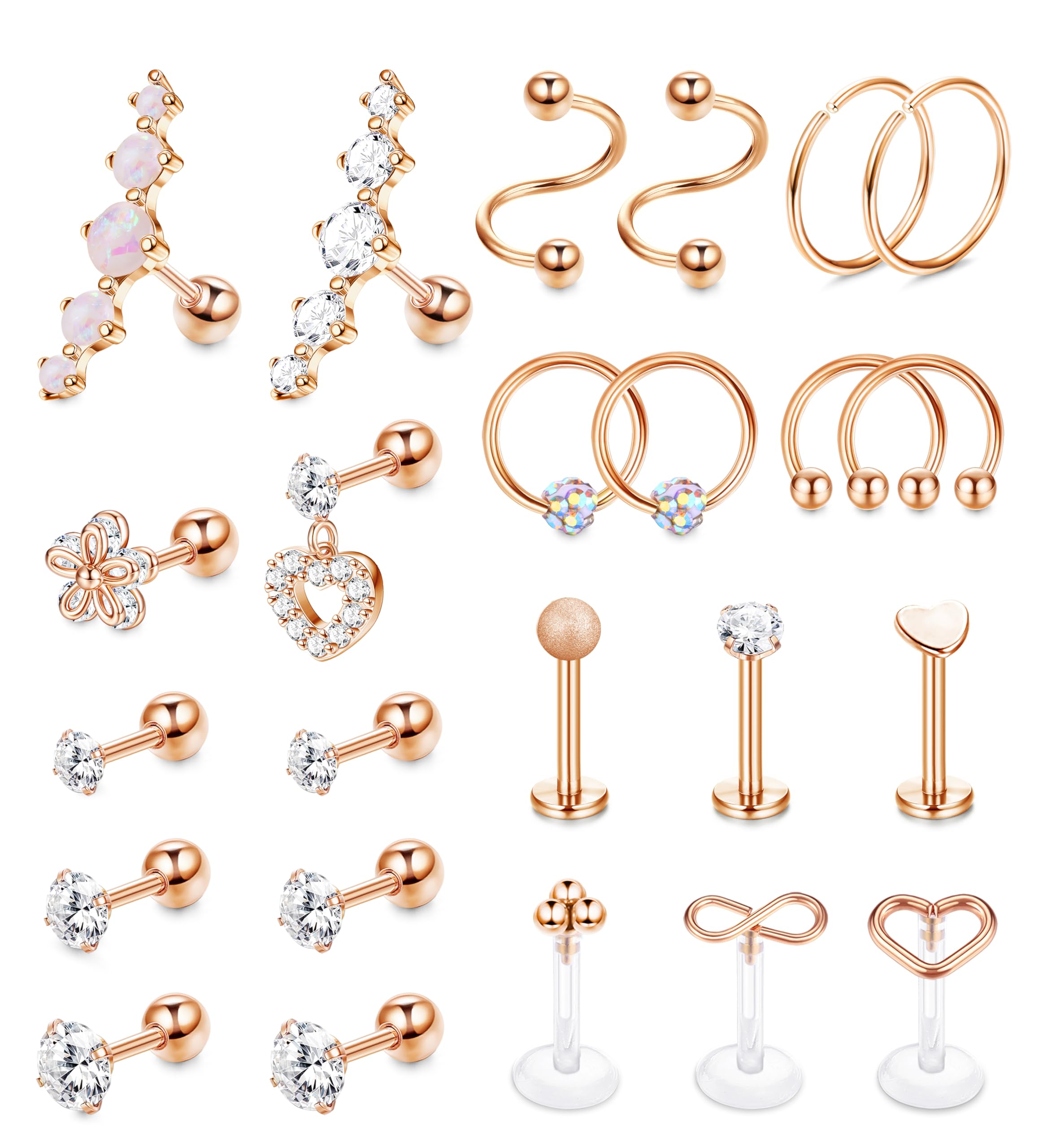 Chriscoco 24 Piezas 16G Piercing Oreja Acero Quirurgico Piercing Tragus Mujer Piercing Nariz Aro Piercing Septum Piercing Labio Piercing Helix Pendientes Piercing Oreja Plata/Oro/Oro Rosa
