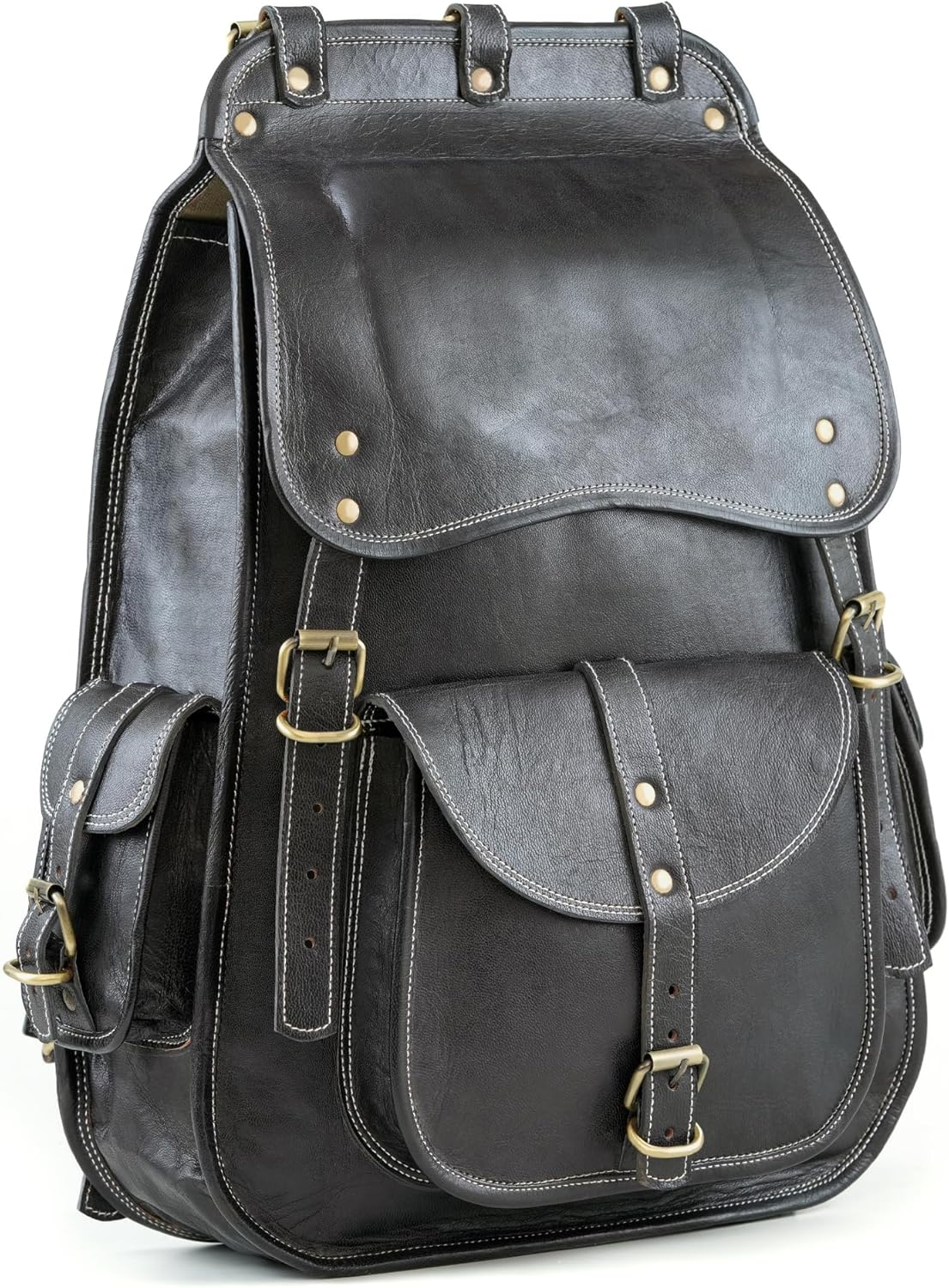 handmade world vintage full grain 21 inch leather laptop large backpack casual bookbag daypack travel rucksack (black)