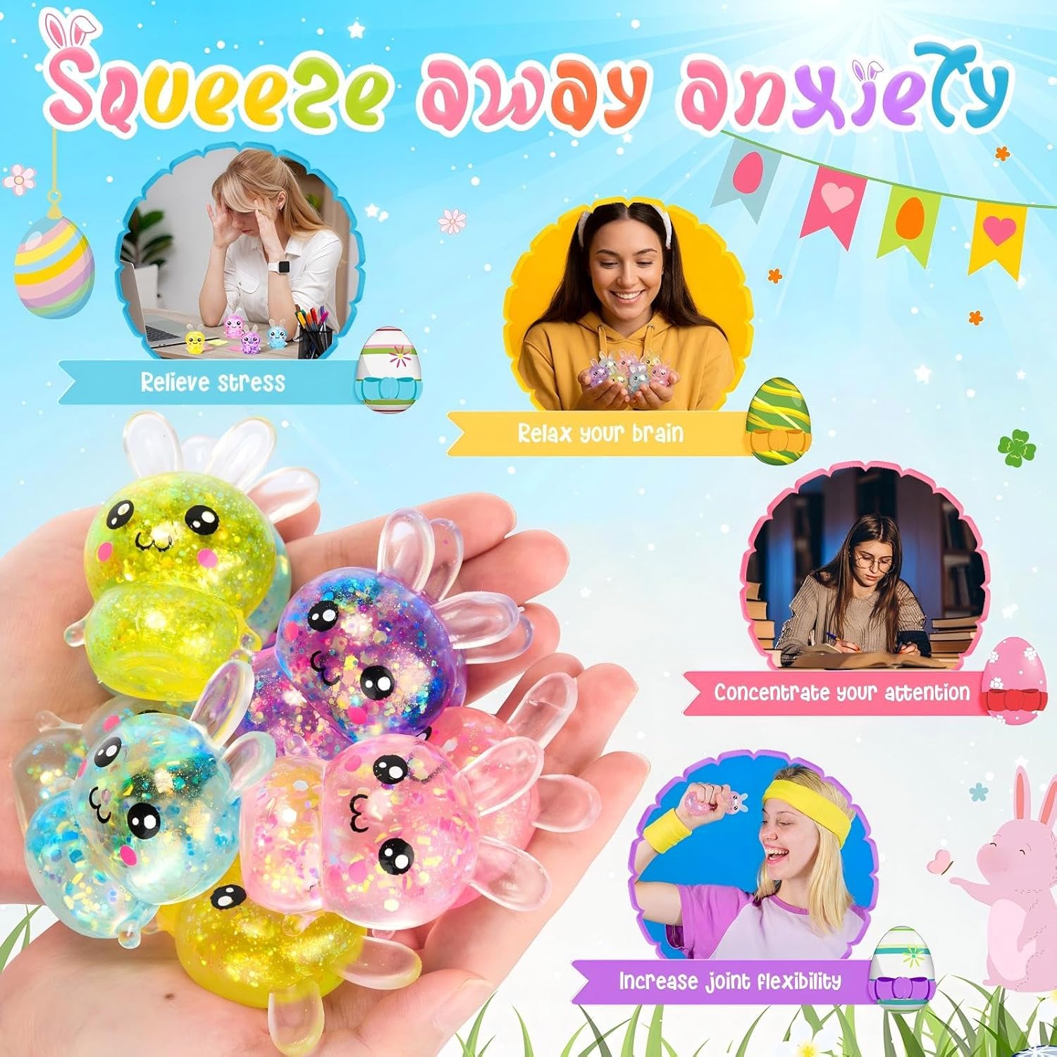 Halloscume 12 Pcs Bunny Squeeze Stress Balls Built-in Sequins Glitter Mental Health Month Basket Stuffers Slow Rising Fidget Bunny Balls Stress Relief for Easter Party Favor Birthday Rabbits Gift