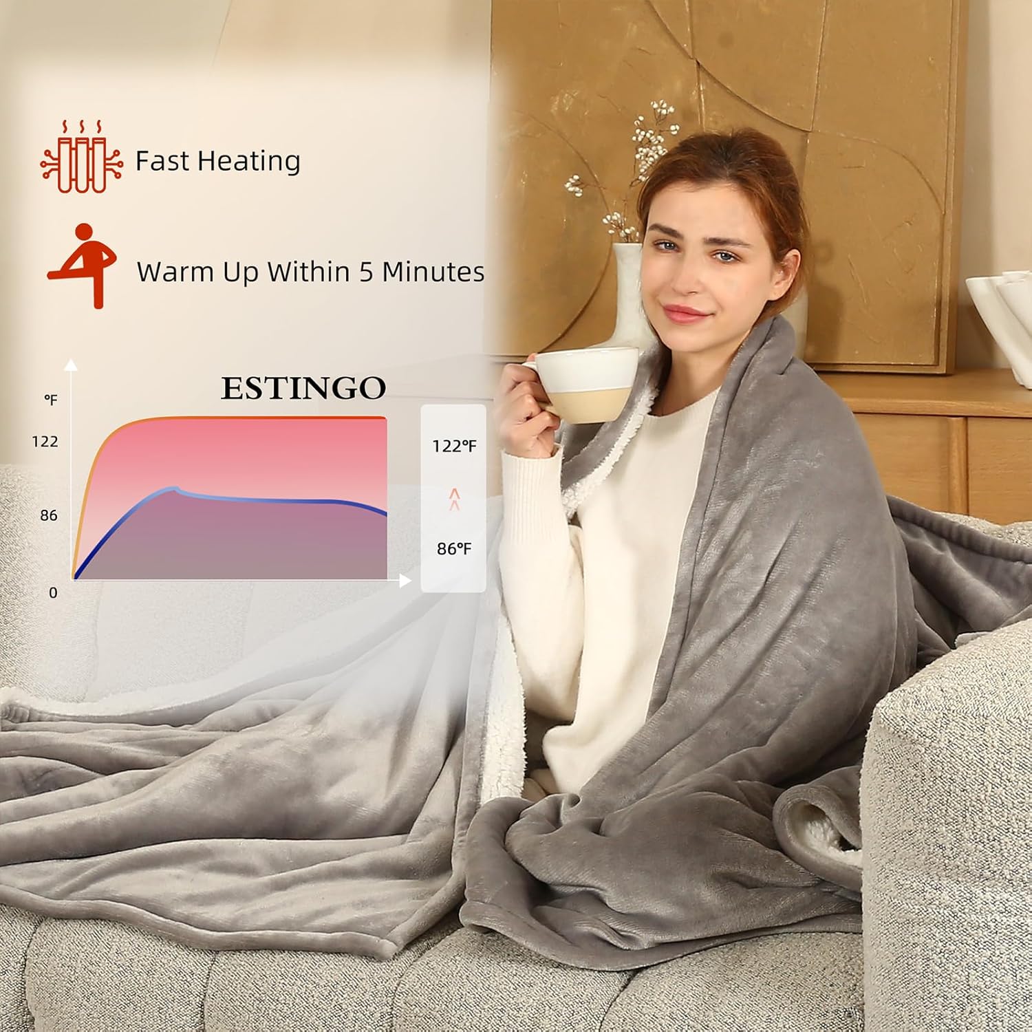 ESTINGO Electric Blanket Twin Size - 62"x84" Twin Heated Blanket with 5 Heating Levels, Heating Blanket with 10h Auto-Off Overheating Protection for Bedroom Office Couch, Light Gray - Image 6