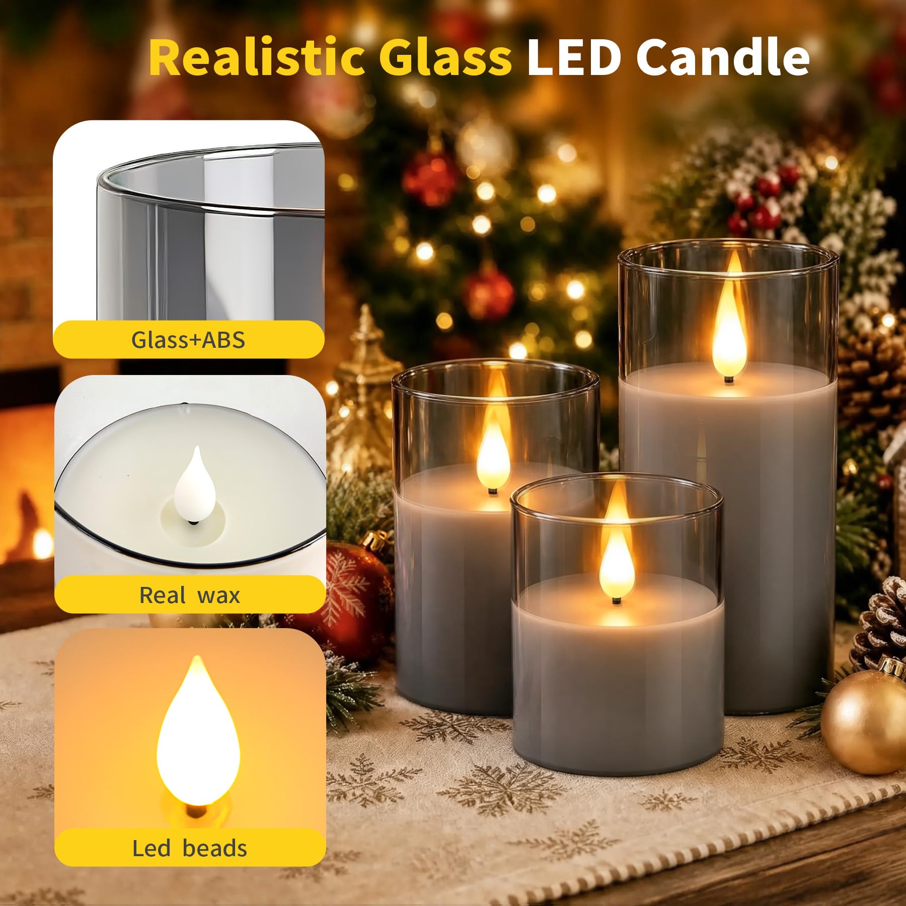 Bougies LED Rechargeable,Lot De 3 Verre Gris Bougies LED Sans Flamme avec télécommande et minuterie(10/12.5/15cm),Bougies Décoratives pour Fête, Anniversaire,Mariage