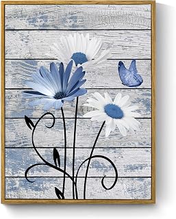 HVEST Blue and White Floral Wall Art for Living Room, Rustic Daisy Butterfly on Farmhouse Wood Canvas Wall Art Nature Plant Flower Pictures for Bedroom Bathroom Decor Framed Artwork, 17L X 12W inches