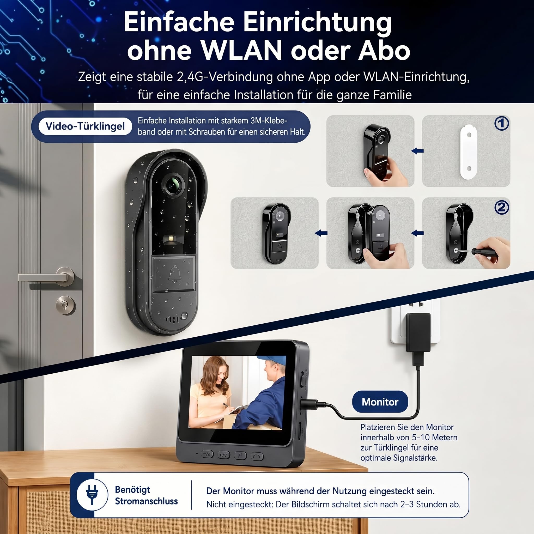 Drahtlose Video Türklingel mit Kamera Outdoor IP65 Wasserdicht 1080P kabellose Türklingel 4,3 Zoll IPS Bildschirm Türklingel Funk 170° HD Kamera Gegensprechanlage Infrarot Nachtsicht Zwei-Wege-Audio