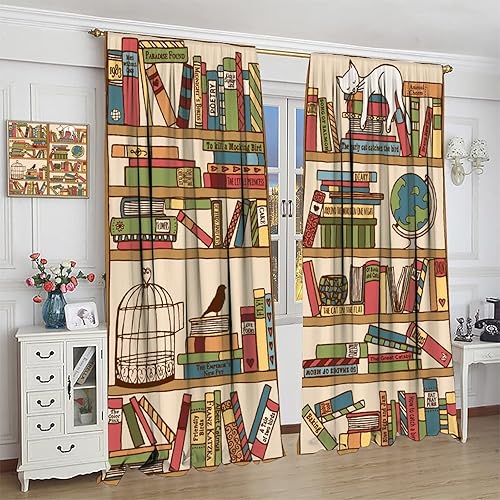Miniatura 4 de Cortinas para estantería, diseño de gato blanco sentado en el arte, para estudio, escuela, biblioteca, sala de lectura, dormitorio, bolsillo para