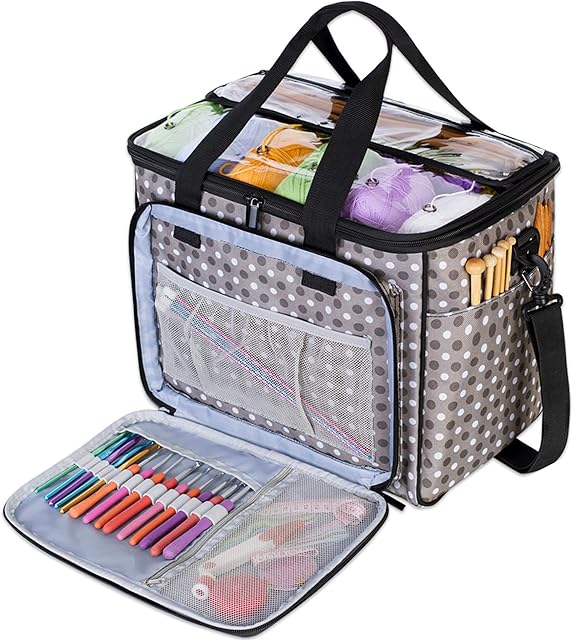 Teamoy Knitting Bag, Yarn Storage Tote with Inner Divider for Yarn and Unfinished Project, Crochet Hooks, Knitting Needles and Accessories (NO accessories included), Grey Dots