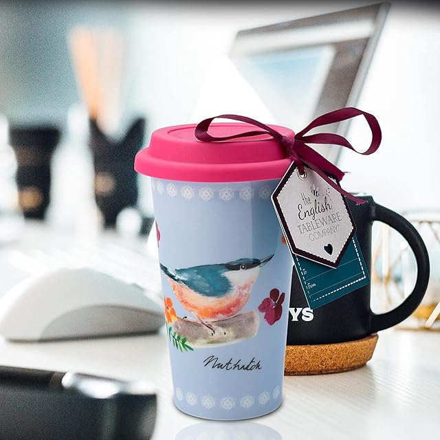 Travel Mug, Coffee Cup - Doubled Walled, Light Weight, Leak Proof, Reusable - Garden Birds Design by The English Tableware - for Hot & Cold Drinks- Capacity of 350ml-Blue