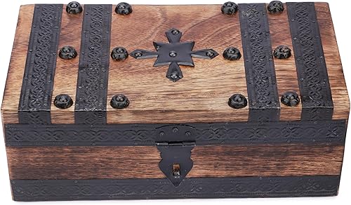 Miniatura 7 de Ajuny Cofre del tesoro de madera hecho a mano, caja de recuerdo vintage y joyería con tiras de concha, almacenamiento de regalo multiusos para