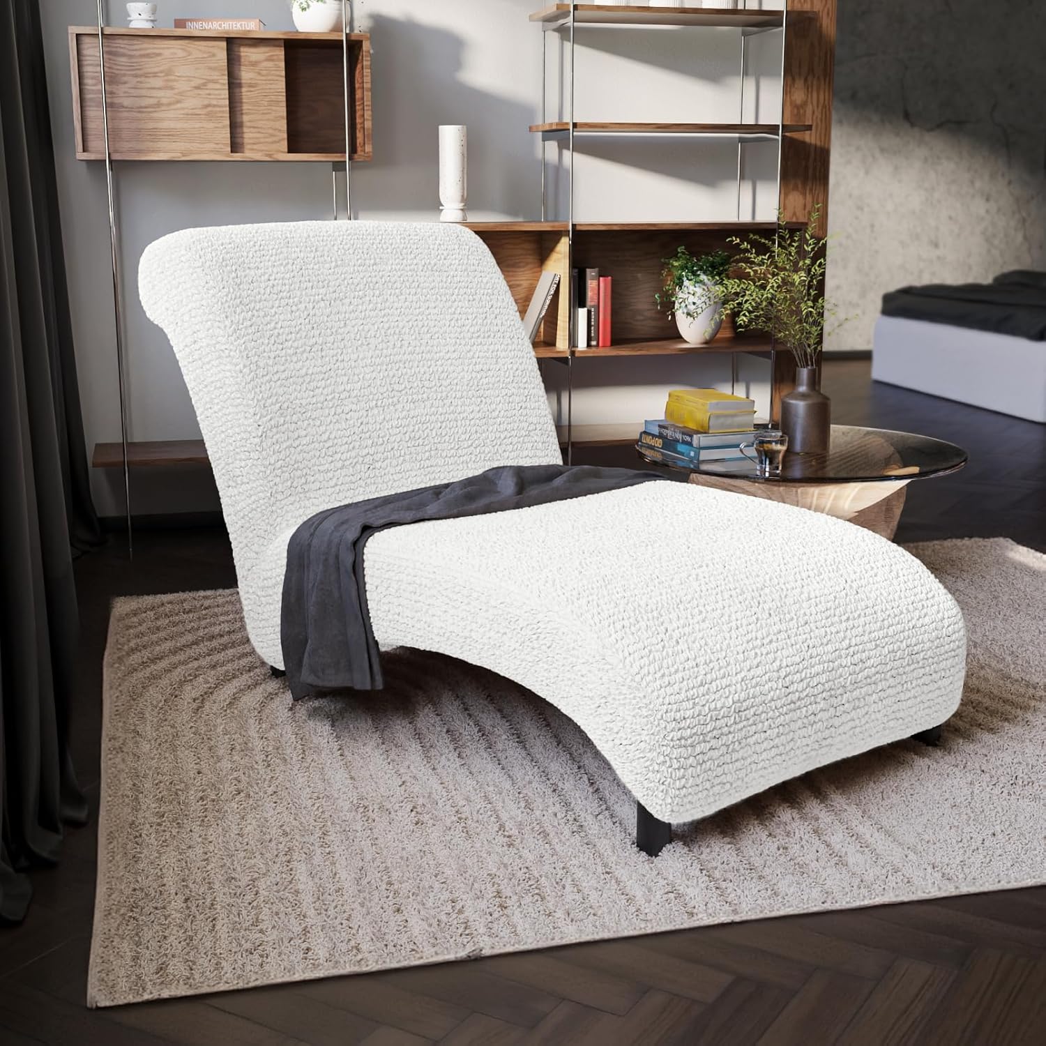 PAULATO BY GA.I.CO. Stretch Chaise Lounge Slipcover 1-Piece – Soft Bi-Elastic Cover for Lounge Chair – Furniture Protector Machine Washable – Crisp White (Without Armrest 24"-40" Wide)