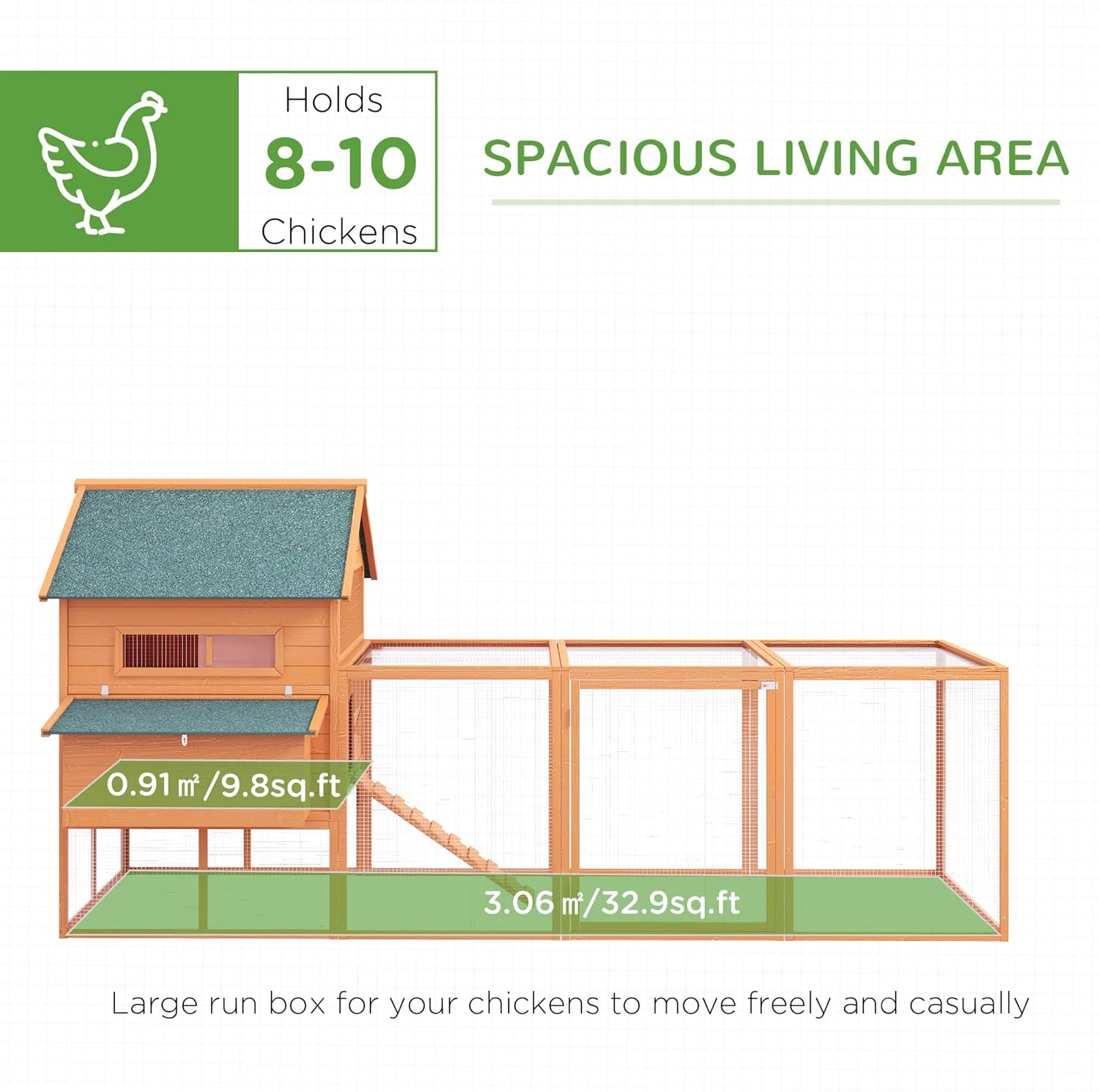 Diagram showing the dimensions and spacious living area of the chicken coop, indicating 8-10 chicken capacity.
