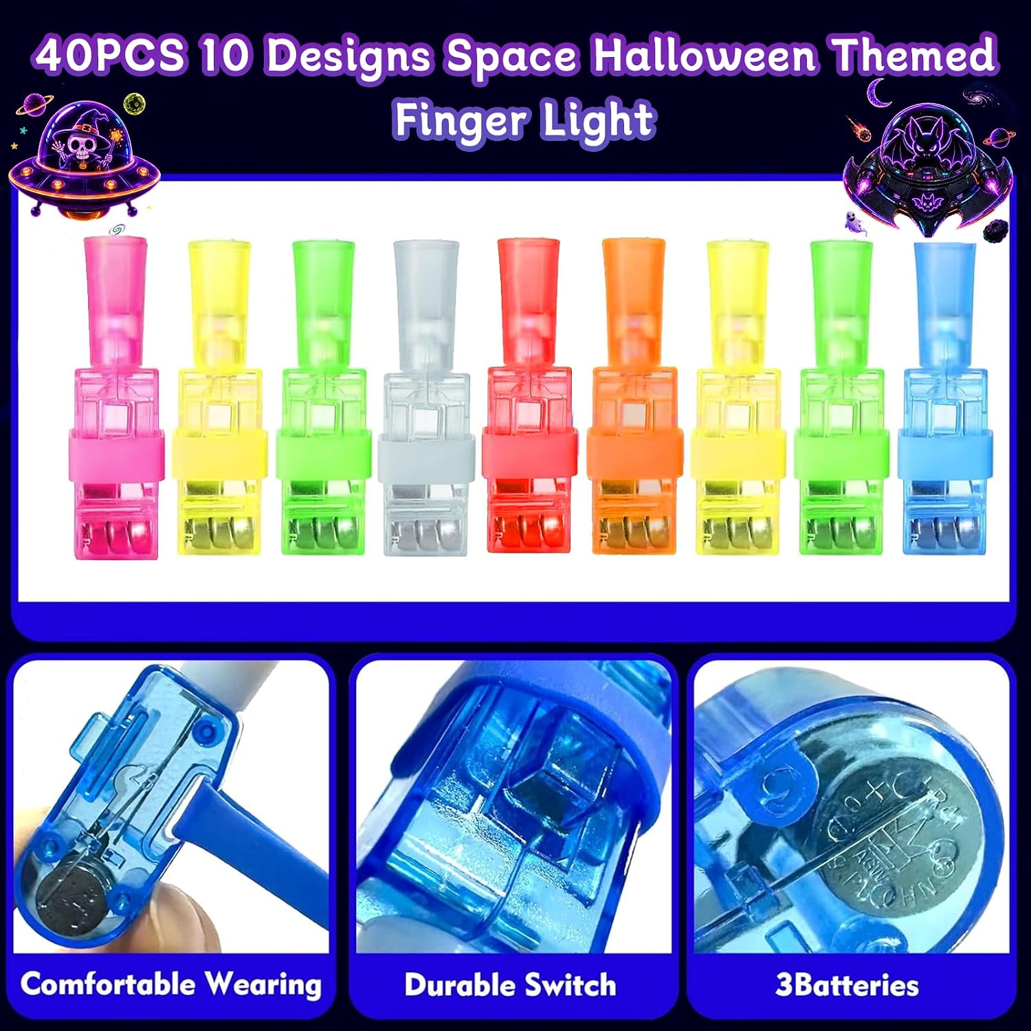 40 Pcs Halloween Finger Lights, Neon Space Party Favors Bulk Set