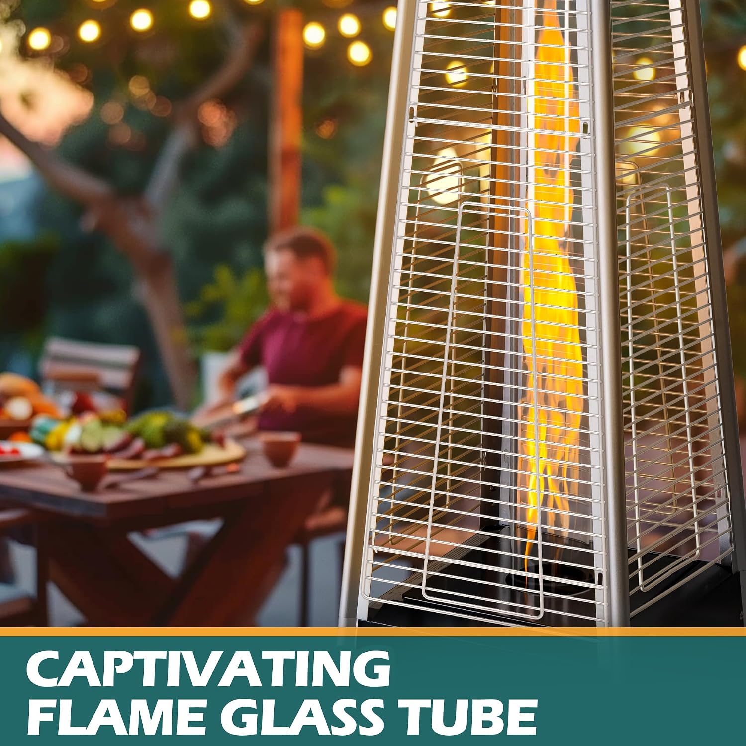 48,000 BTU Flame Pyramid Pool Heater With Cover, Triple Safety Protection Portable Patio Heater with Patio Cover, Warm Glass Tube with Durable Wheels-Black image 7