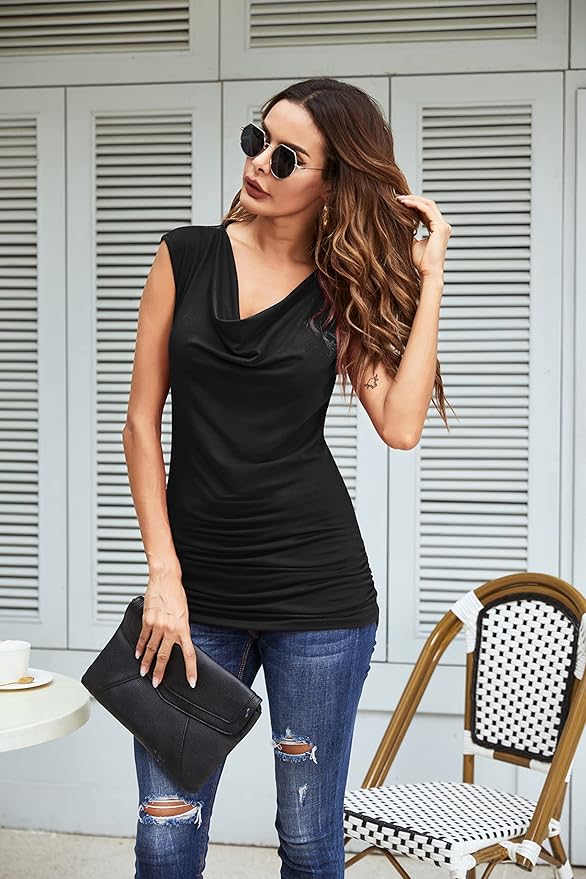 Zeagoo Womens Ruched Cowl Neck Top with Side Shirring Cowl-v neck, lace patchwork, sleeveless, side shirring