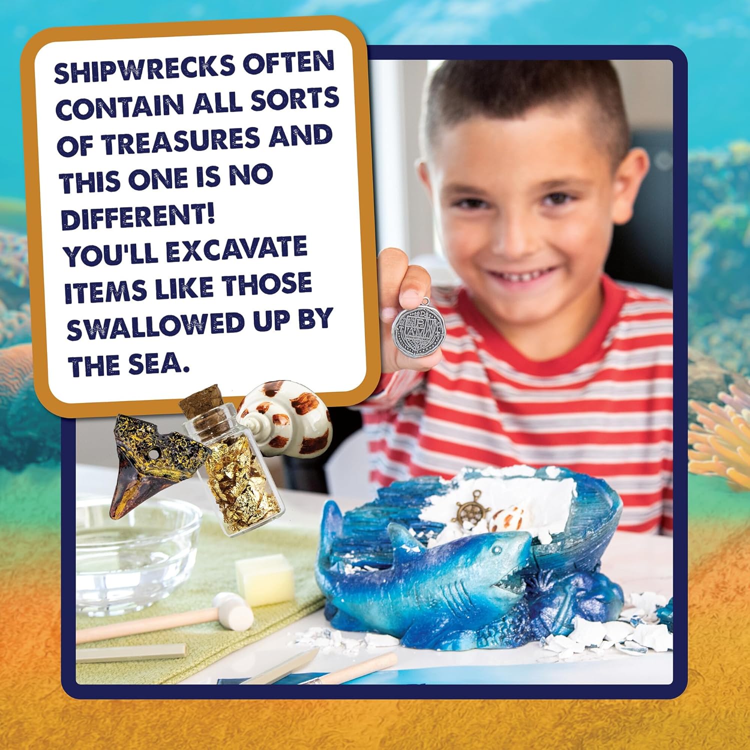 MindWare Dig It Up! Shipwreck Discovery Dig Kit - Jewelry Making Kit for Kids Ages 4 and Up – Includes 2 Digging Toys to Uncover 13 Shipwreck Treasures, 13 Cords & 50 Beads to Make Necklaces
