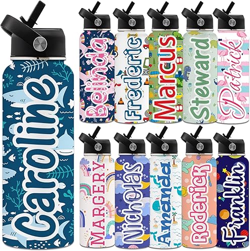 Miniatura 1 de YanNanKe Botella de agua personalizada con tapa de popote para la escuela, 18/24/32 onzas, botella de agua deportiva de acero inoxidable aislada