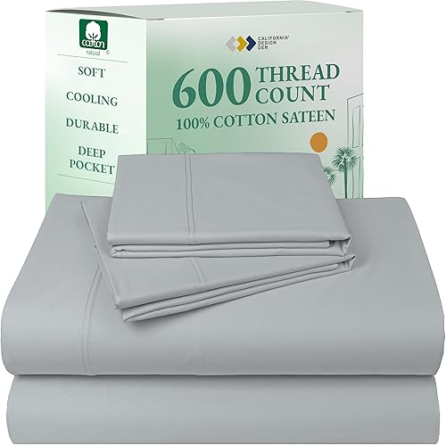 Vista 147 de California Design Den Juego de sábanas de 100% tejido de satén de algodón de 600 hilos, esquinas profundas, suaves, lavanda, tamaño King California