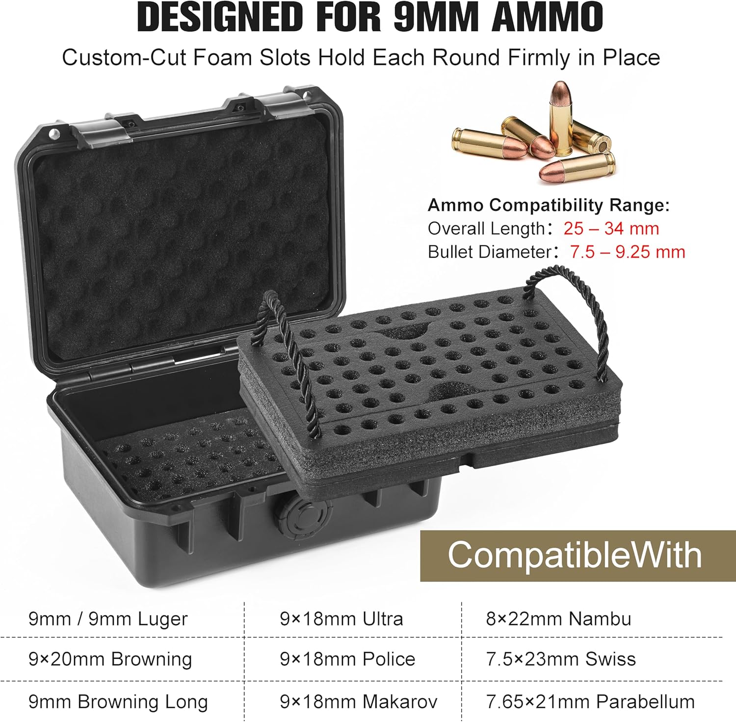 9mm Ammo Case, Compatible with Magazines, Compact Waterproof Lockable Ammo Storage Case for Ammunition, Portable and Durable 9mm Ammo Box, Suitable for Travel,Home and Range Use