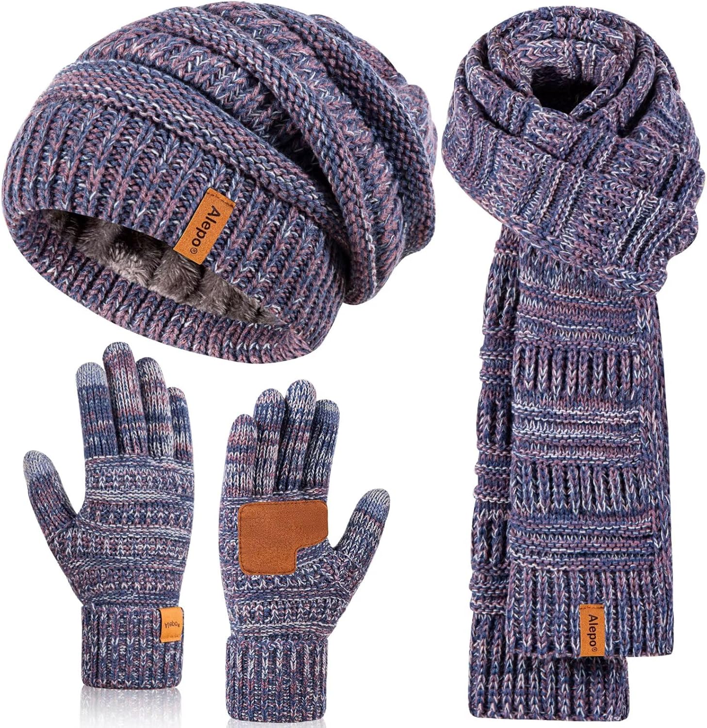 Winter Beanie Hat Scarf Gloves Set for Women, Slouchy Beanie Long Scarf Touchscreen Gloves, Warm 3 in 1 Christmas Gift Set