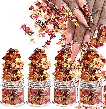 Holographic Glitters Fall Maple Leaf Shaped Nail Art Sequins Flakes 4 Pot, 3D Meteillc Red Yellow Orange Mixed DIY Design Confetti for Decoration Set 4