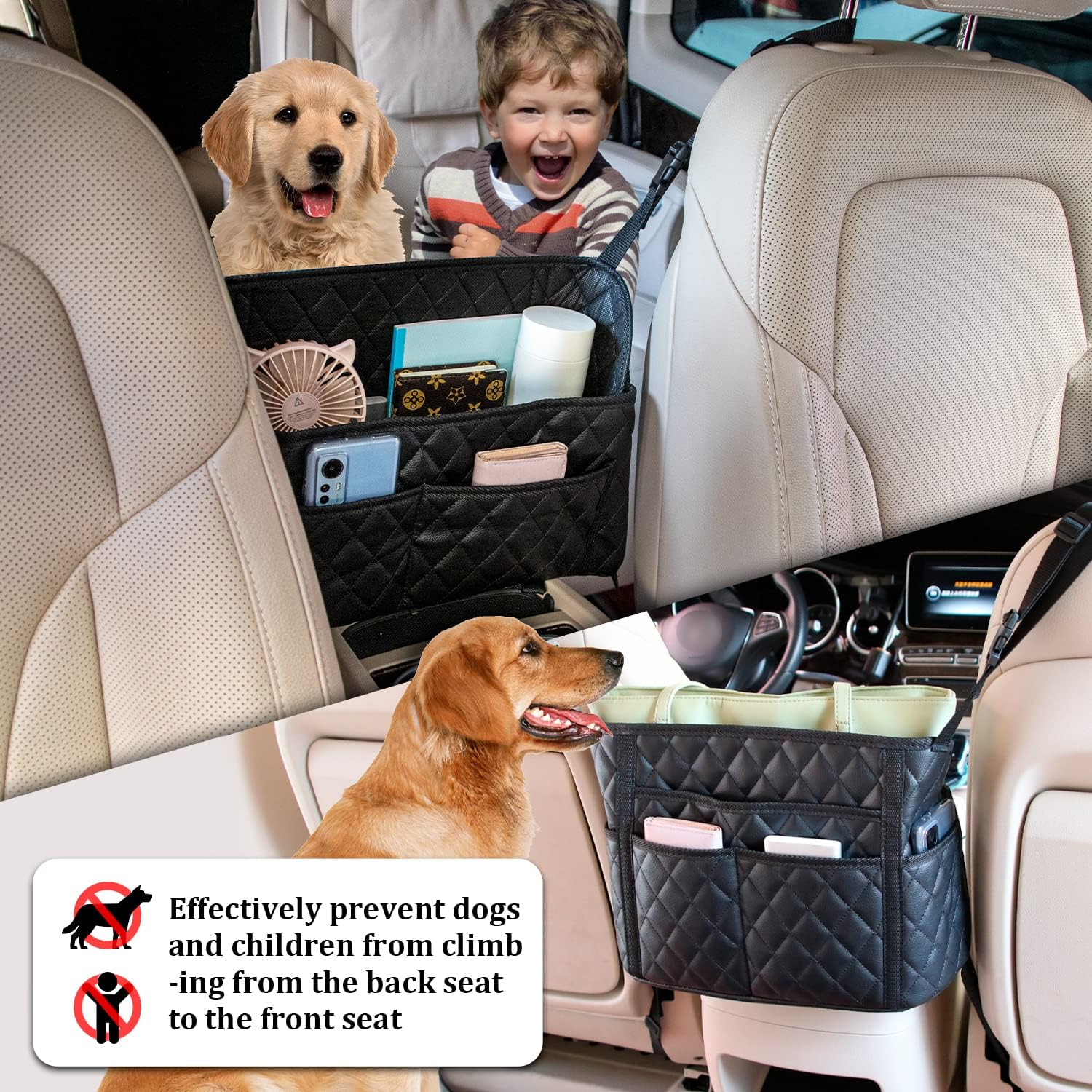 SEAMETAL Car Purse Holder acting as a barrier between a dog and child in the back seat and the front seats.