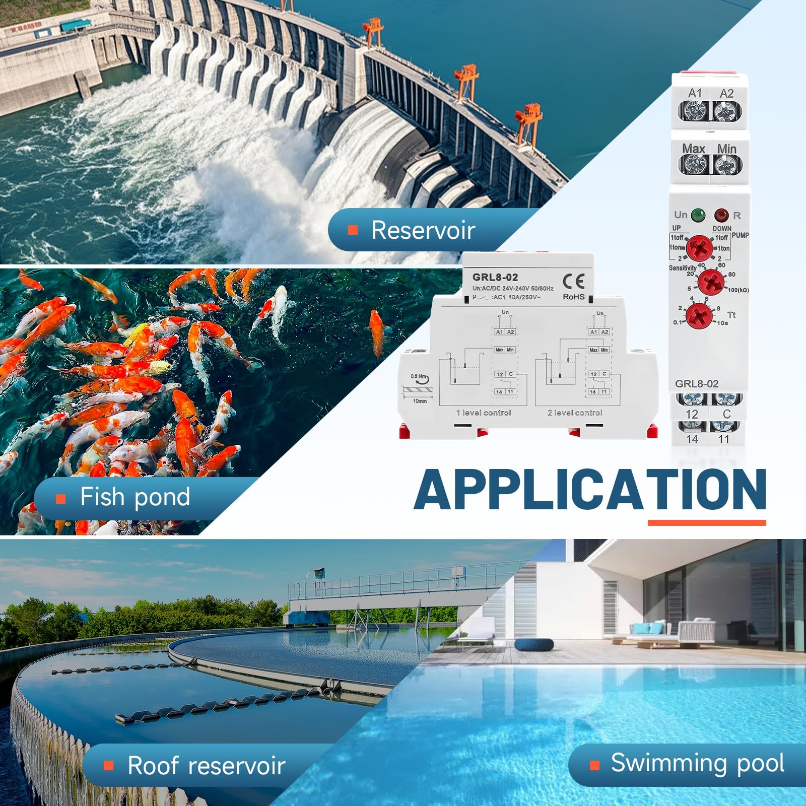 Rilevamento del livello di liquido a 1 o 2 poli Sensore di Livella Dell'acqua, GRL8-02 AC/DC 24-240V Sensibilità regolabile con sensore, 0.1-10s Per il Monitoraggio Del Liquido