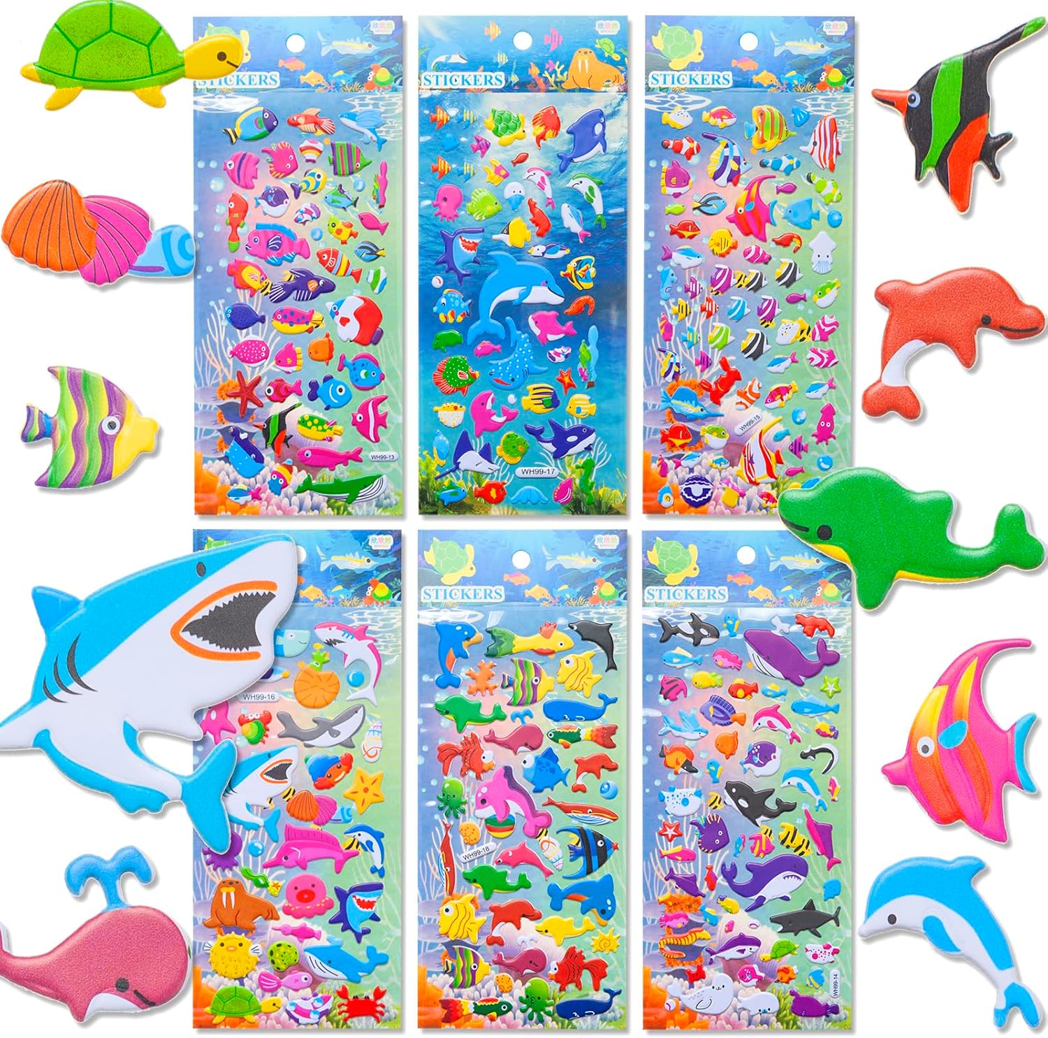 3D Puffy Ocean Animal Stickers for Kids Toddlers, 6 Packs Cute Foam Fish Stickers with Assorted Sea Creature Marine Life, Reusable Squishy Bubble Stickers for Scrapbooking Teacher Reward Party Favors