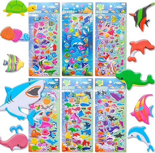 Calcomanías 3D de animales del océano hinchados para niños pequeños, 6 paquetes de calcomanías de peces de espuma con criaturas marinas surtidas,