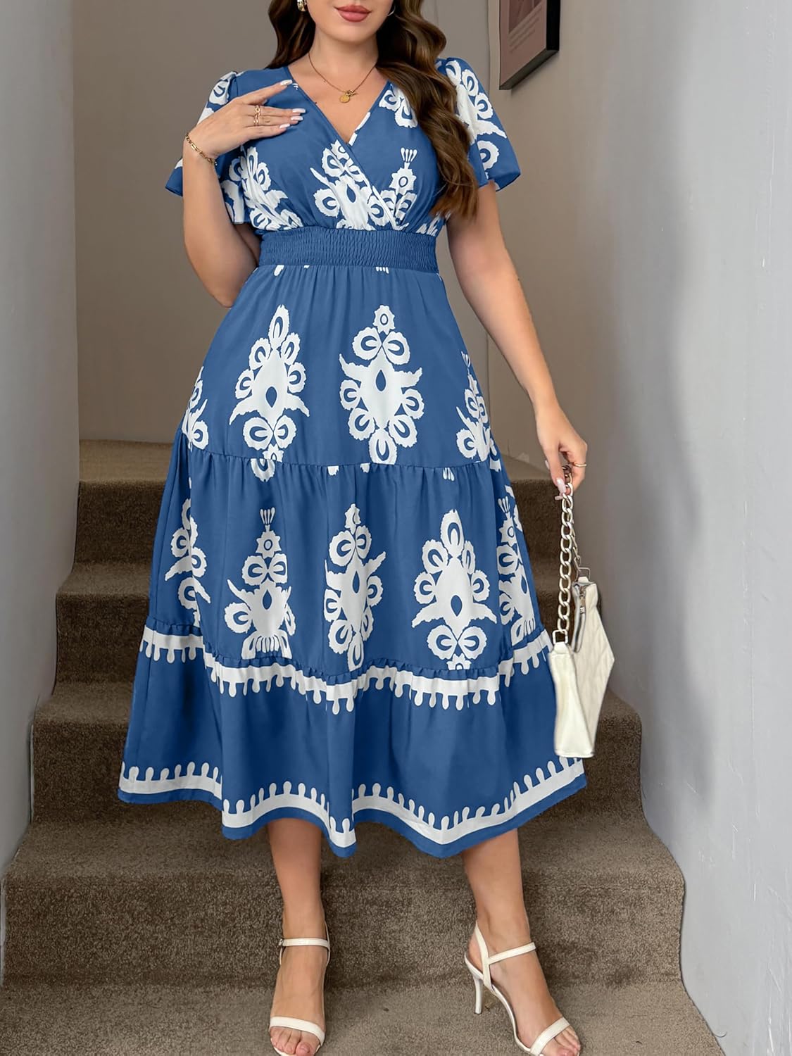 RWJ Womens Plus Size Dresses 2026 Summer Casual Wrap V Neck Short Sleeve Aline Floral Boho Maxi Dress with Pocket - Image 3