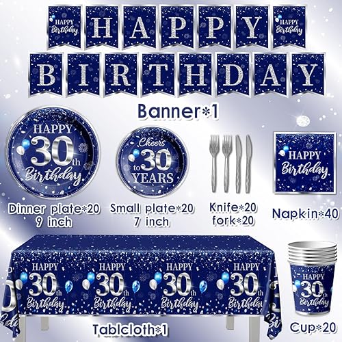 Miniatura 3 de GREHUMOR Juego de vajilla de 142 piezas de 30 cumpleaños, decoraciones plateadas y azules, suministros de fiesta de feliz cumpleaños para hombres y