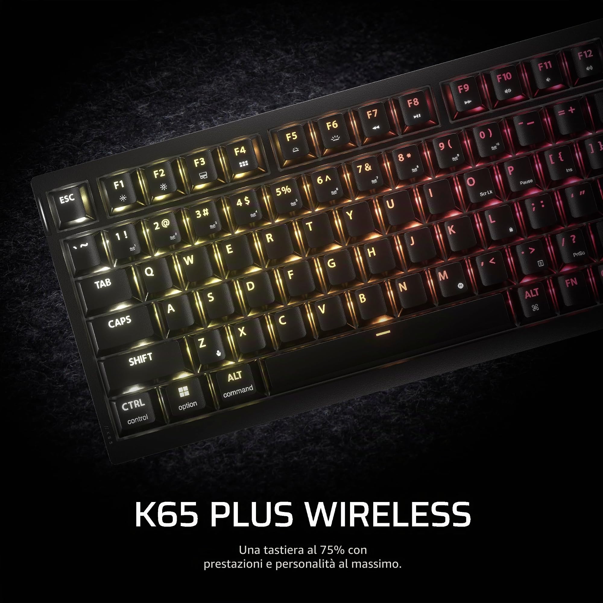 CORSAIR K65 PLUS WIRELESS Tastiera meccanica da gioco 75% RGB, sostituibile a caldo – Switch tattili CORSAIR MLX Fusion pre-lubrificati, riduzione del rumore a due strati, tasti PBT – QWERTY NA – Nero