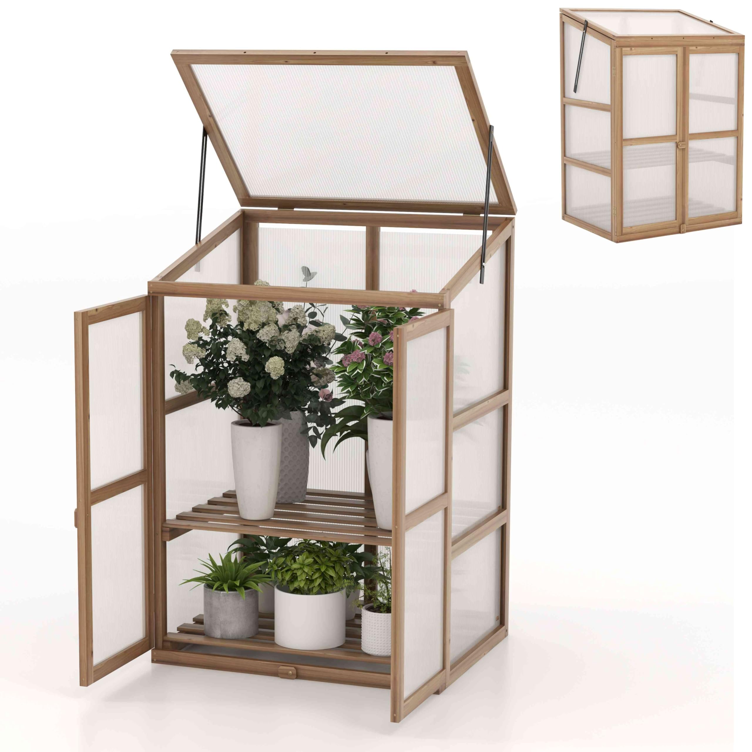 TANGZON Wooden Greenhouse, Transparent Polycarbonate Glazing Cold Frame with Flip-top Roof, 2 Doors & Removable Shelves, Outdoor Mini Plant Grow Green House for Garden Patio (76 x 57 x 111 cm)