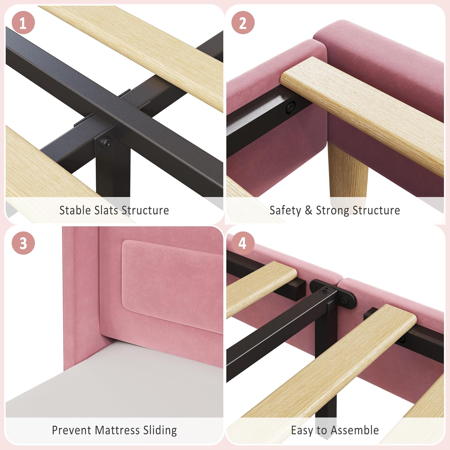 IDEALHOUSE Twin Bed Frames for Kids/Girls, Wingback Velvet Platform Bed with LED Lights for Princess, Upholstered Storage Headboard, Wooden Slats Support, No Box Spring Needed, Pink