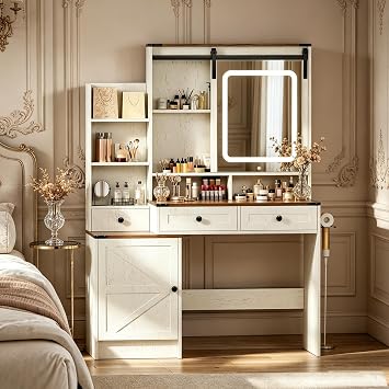 Brown Vanity Table with LED Lighted Mirror, White Dressing Desk with Storage Drawers & Built-in Charging Station, 3 Adjustable Light Modes for Bedroom Vanity Area 041 Brown