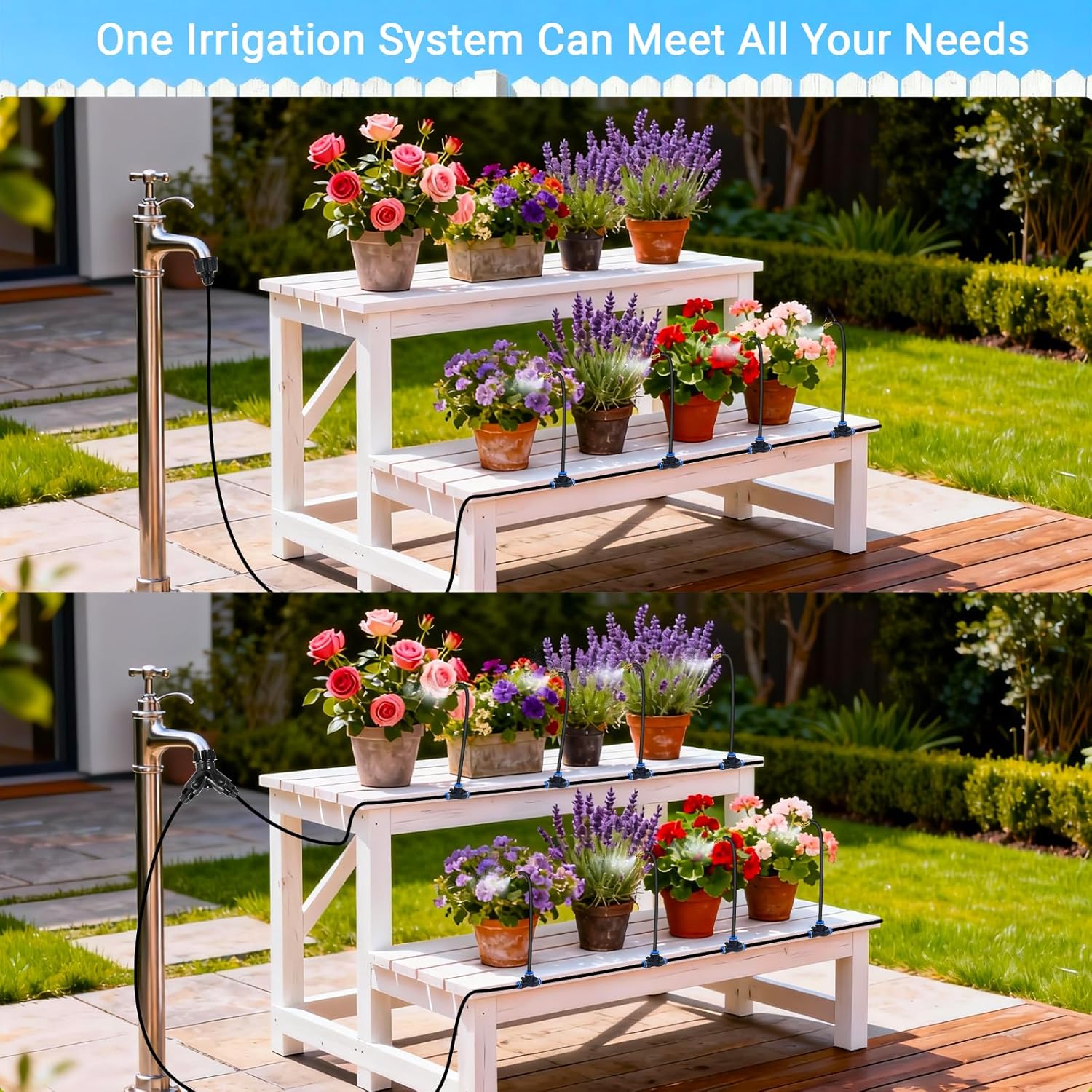 100FT 360° Adjustable Drip Irrigation Kit – 1/4" Tubing with 18 Nozzles, Full-Circle Spray for Greenhouse, Vegetable Garden & Potted Plants, Water-Saving DIY Irrigation System