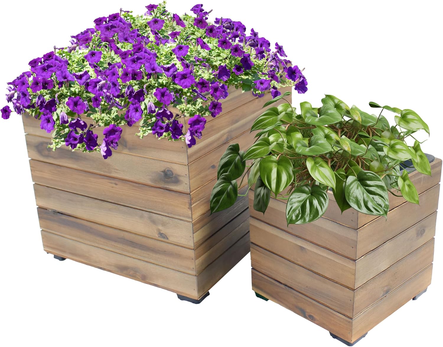 Sunnydaze Outdoor Wooden Planter Boxes - 2 Acacia Wood Square Plant Pots with Removable Liners - Anthracite Stain
