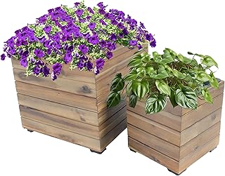 Sunnydaze Outdoor Wooden Planter Boxes - 2 Acacia Wood Square Plant Pots...