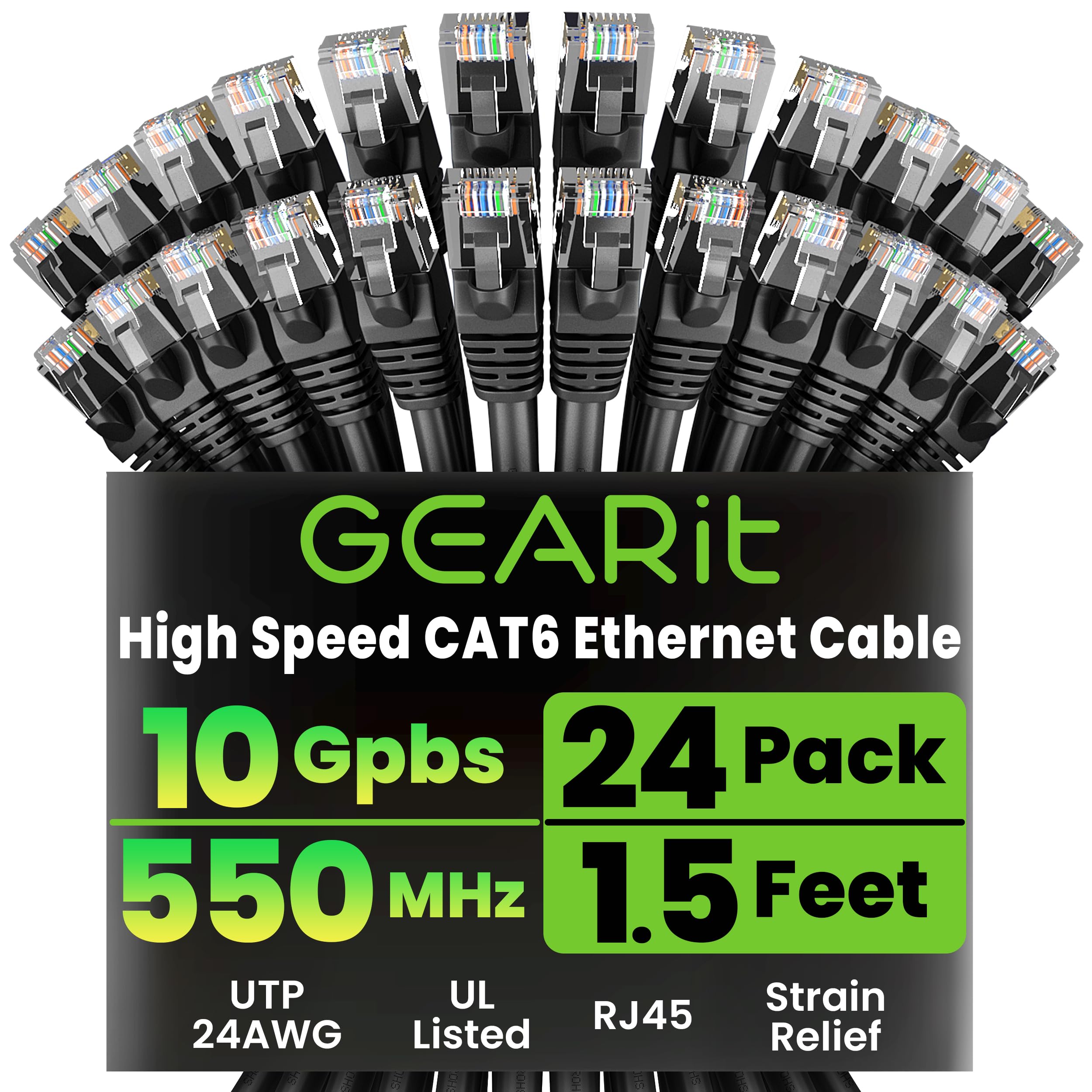 GEARit Cat 6 Ethernet Cable Pack - 24-Pack 1.5 ft Cat6 Ethernet Patch Cables | RJ45 Network Patch Cable, 10 Gbps Snagless Gold-Plated Connectors -