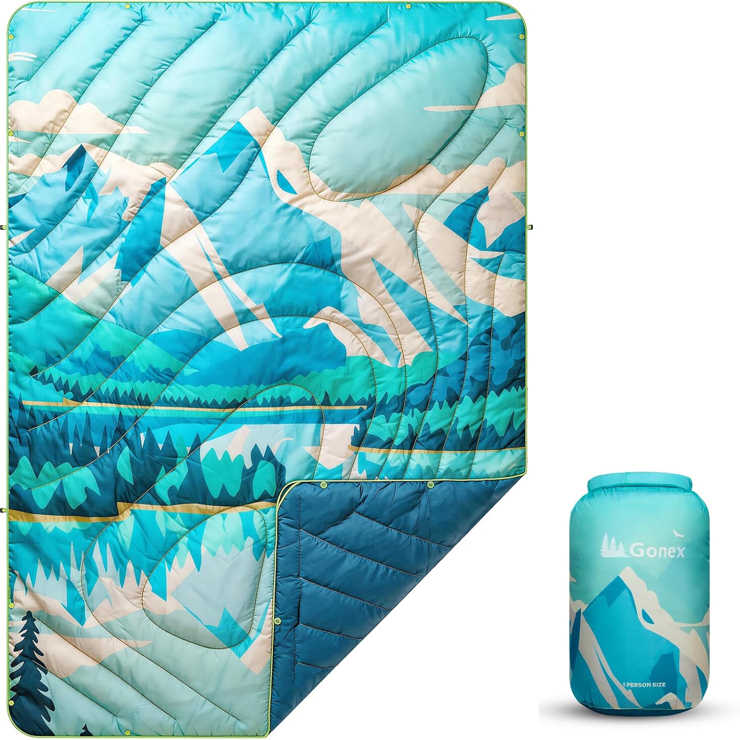 Gonex Camping Blanket with Aero-Warmth Breathable Layer - Puffy Printed Packable Blanket, Ultralight Wearable Water-Resistant Quilt, 79" X 55" for Camping, Beach, Hiking, Travel, Picnics (Iceberg)