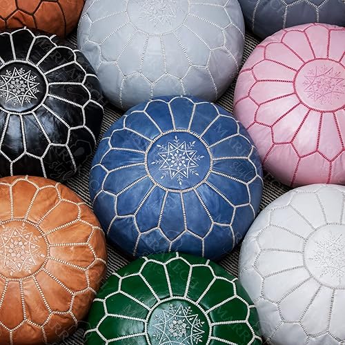 Miniatura 8 de MARRAKESH STYLE Cómodo puf otomano de cuero, hecho a mano, sin relleno, puf redondo y otomano con reposapiés, perfecto para salas de estar,