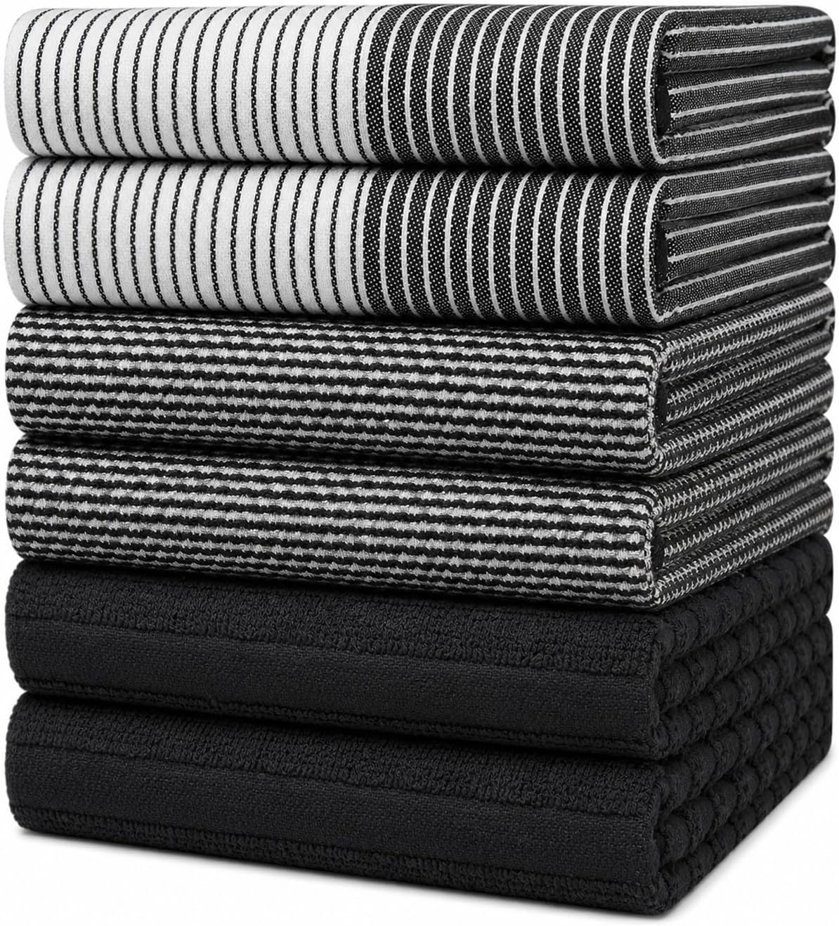 Premium Kitchen Towels 6 Pack 100% Cotton, 20"x28" Dish Towels - Black