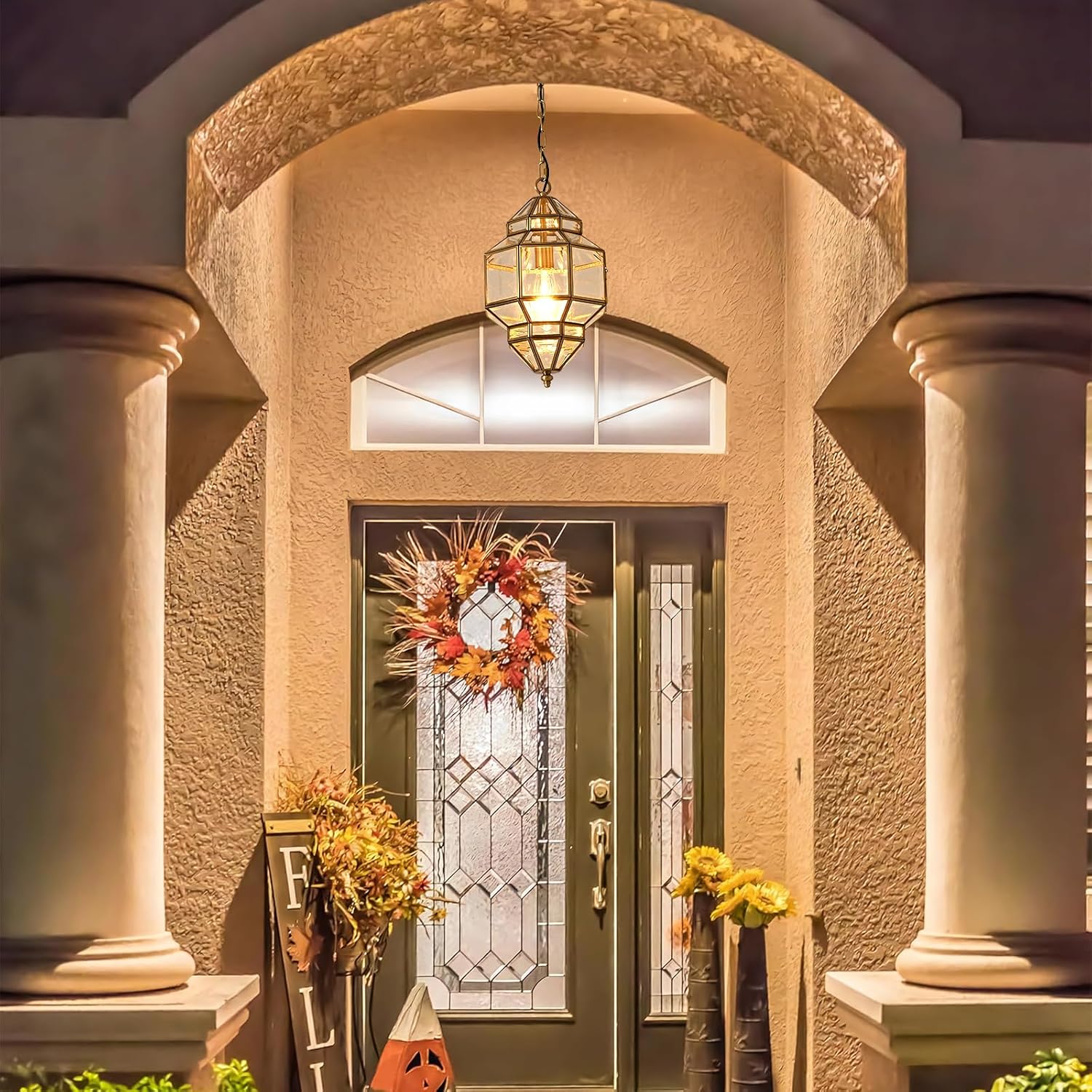 Milaii Copper Outdoor Pendant Lights, Brass Exterior Light Fixtures Waterproof Hanging Lantern Porch Lighting with Clear Glass Outdside Chandelier for Patio Kitchen Dining Room Entryway