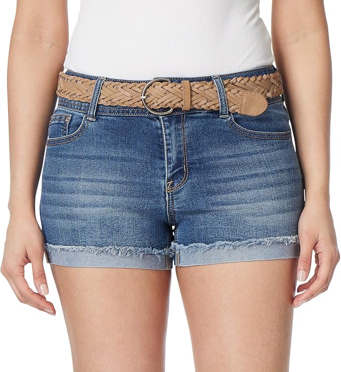 WallFlower Women's Luscious Curvy Denim Shorts Mid-Rise Bling and Belted Insta Stretch Juniors (Standard and Plus)